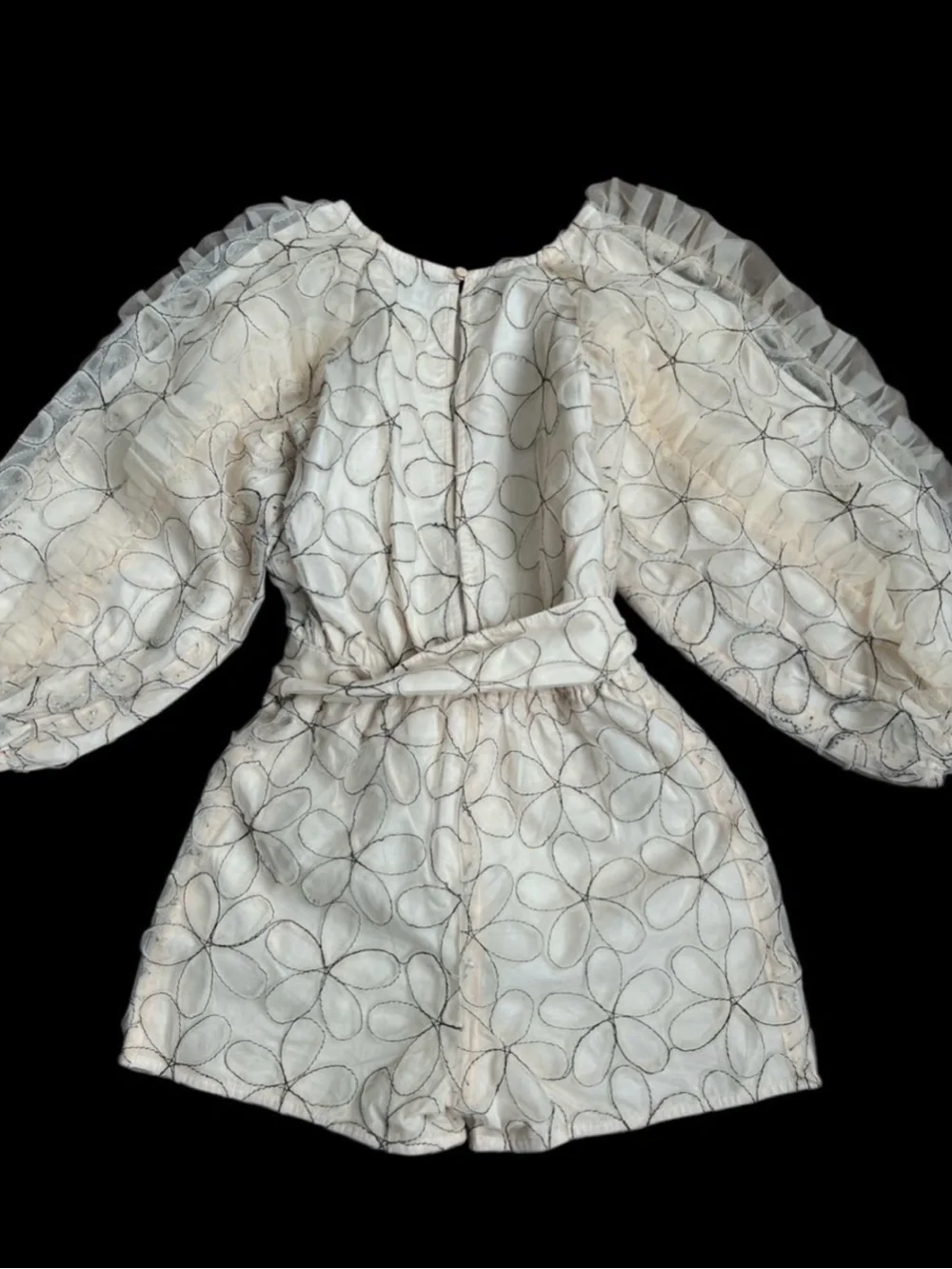 Ivory Floral Organza Romper with Puff Sleeves by Chloe and Amelie. Size 6.